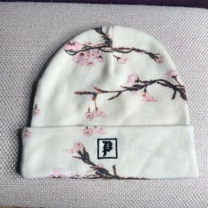 Women’s Primitive Cherry Blossom Beanie, Ivory Pink Floral